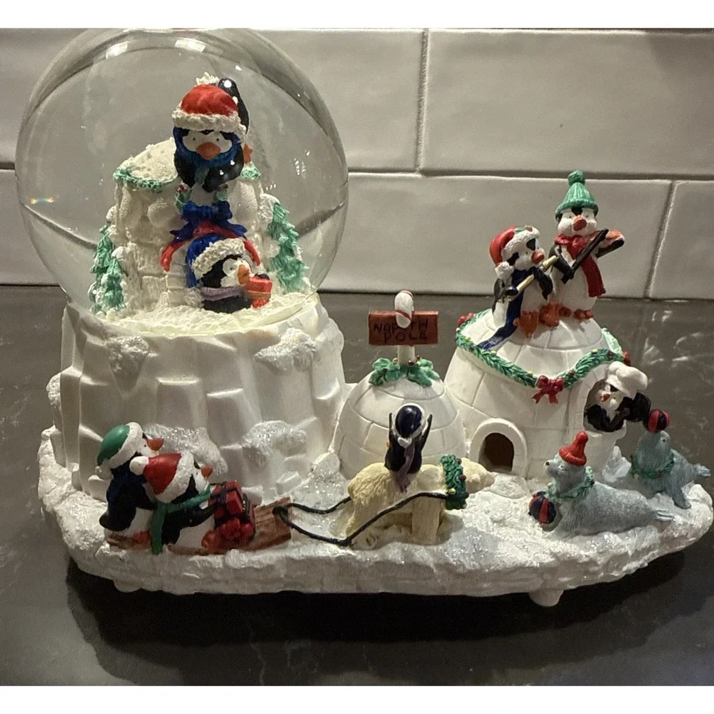 San Francisco Music Box Co. North Pole & Penguins Musical  Snow Globe-Large 10